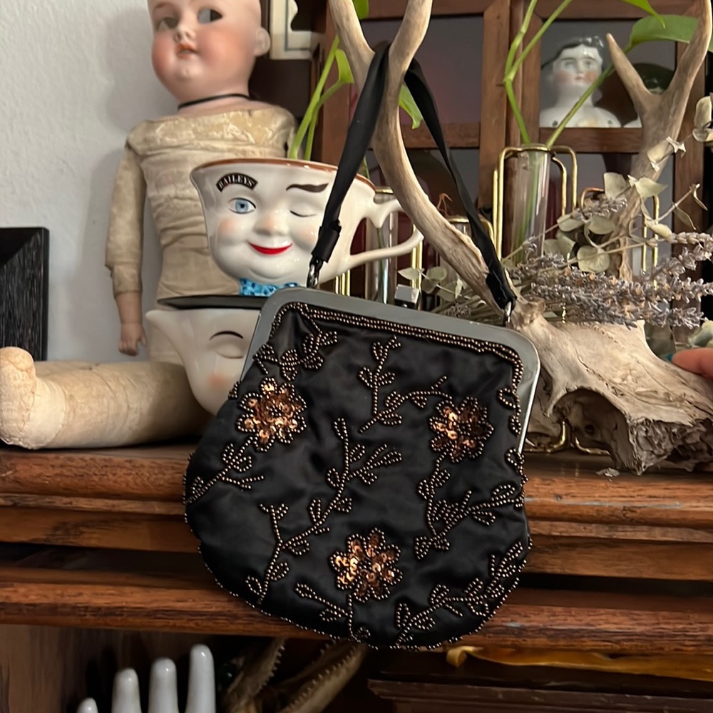 Bloomingdale’s black floral vintage beaded mini purse